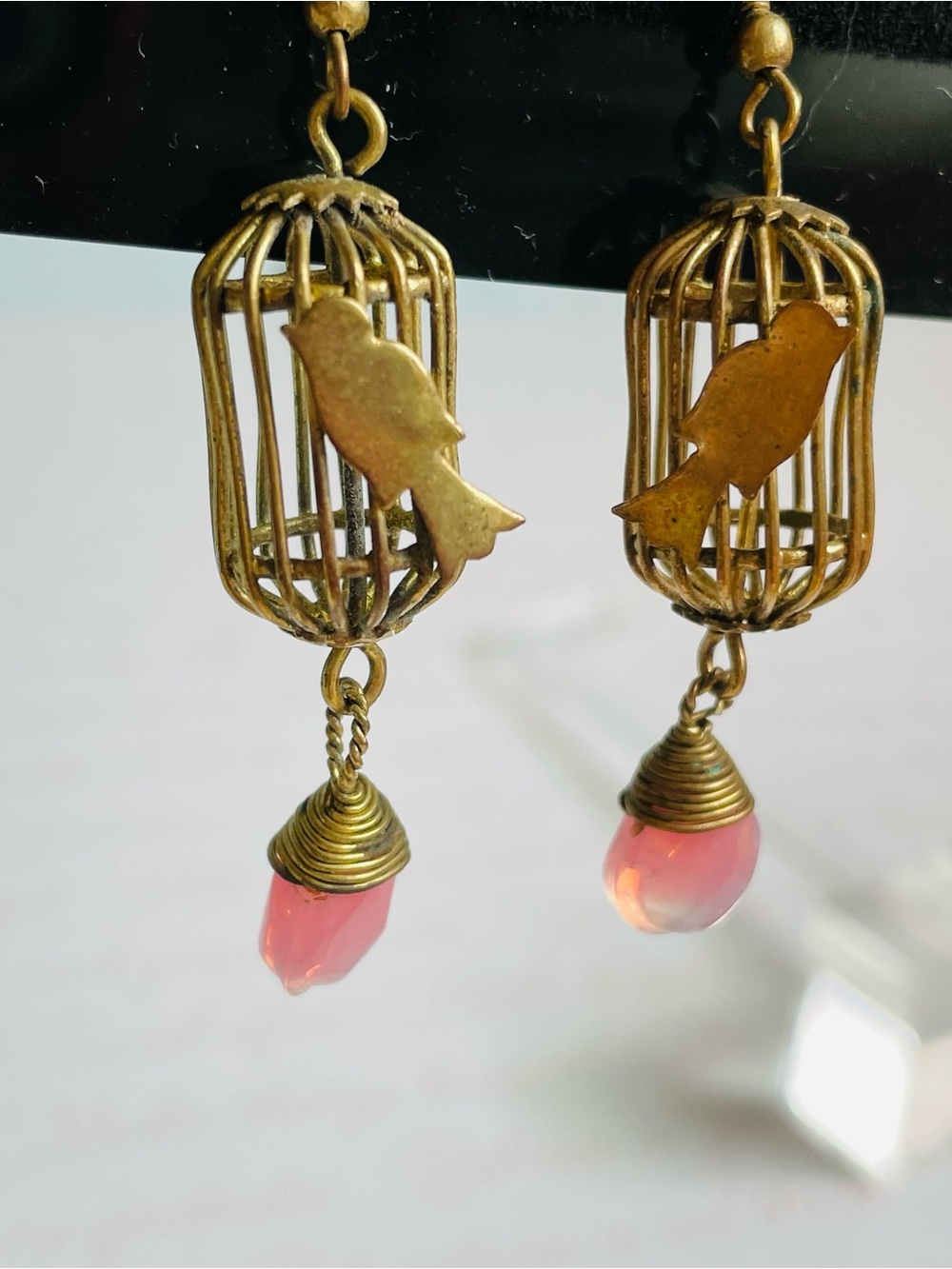 Vintage Birdcage Whimsical Bronze Dangle Earrings with Pink Drops 2"